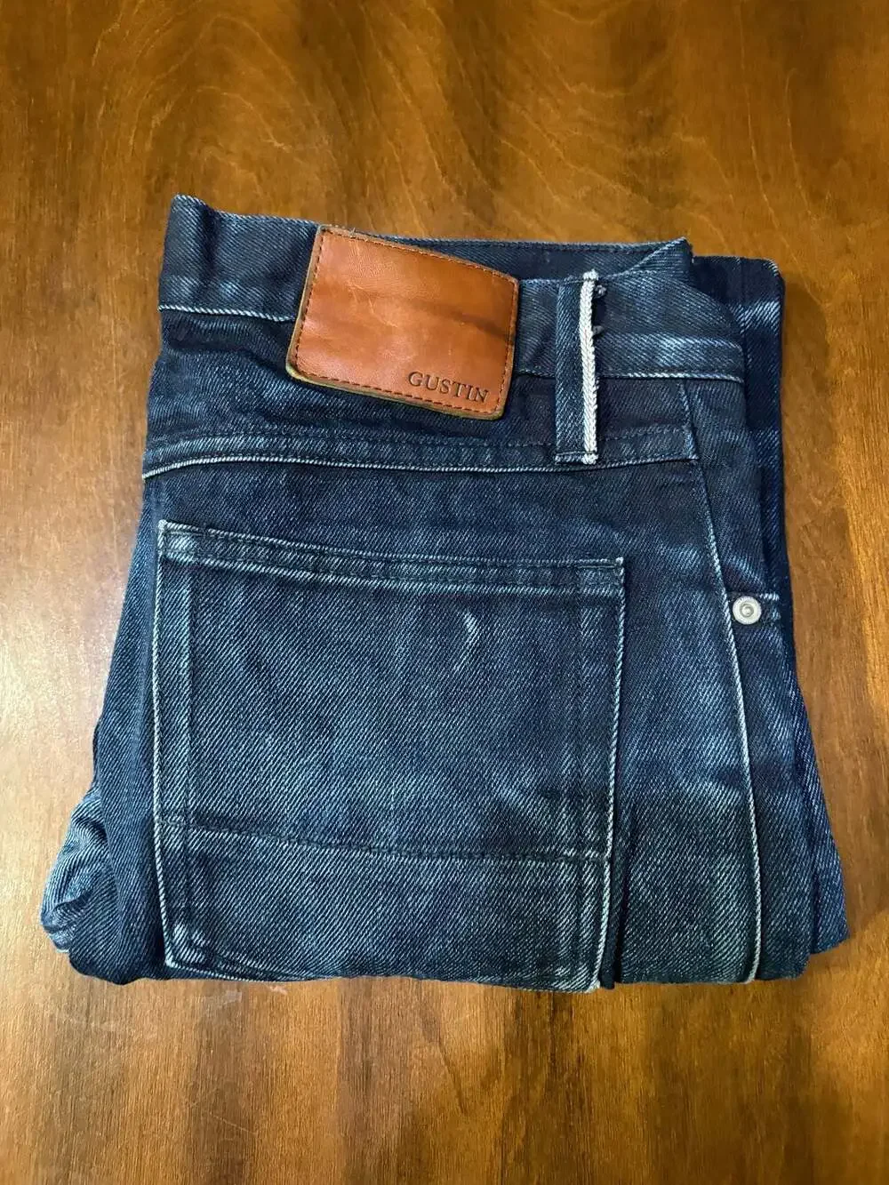 GUSTIN Mens Slim Fit Raw Jeans Size 32x32 California Sewn Dark Wash Selvedge